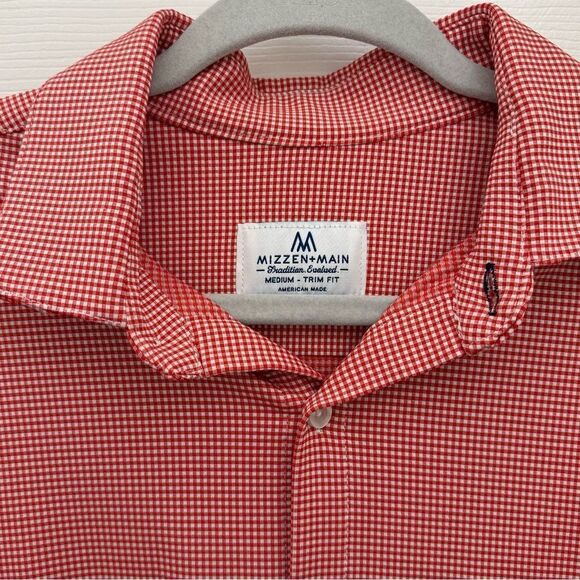 Mizzen + Main Men’s Performance Trim Fit Button Down Shirt Sz Medium Red Gingham - Picture 3 of 5